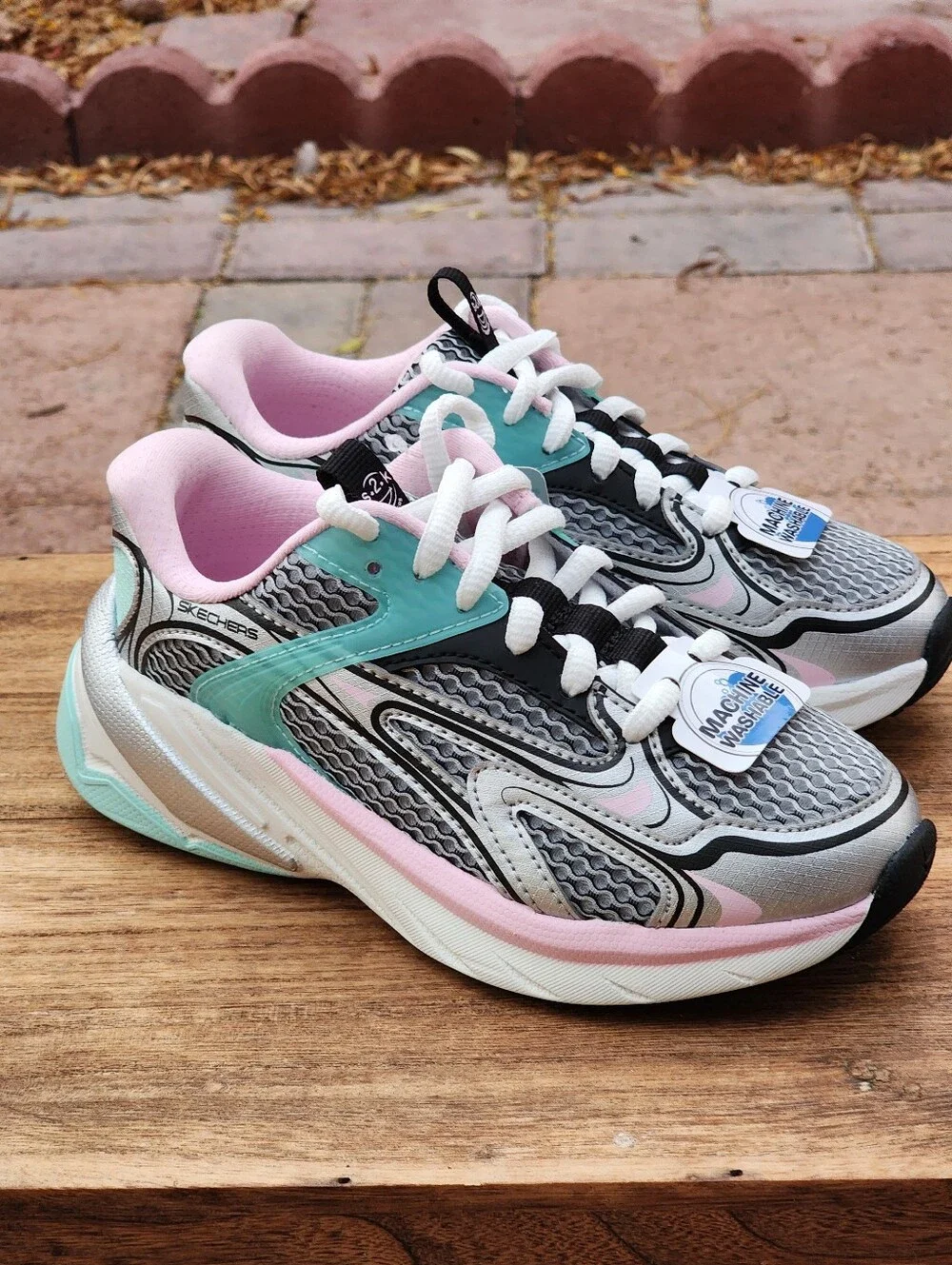 Skechers Girls' S2K Silver Multi Machine Washable Sneakers (Youth) Size 12